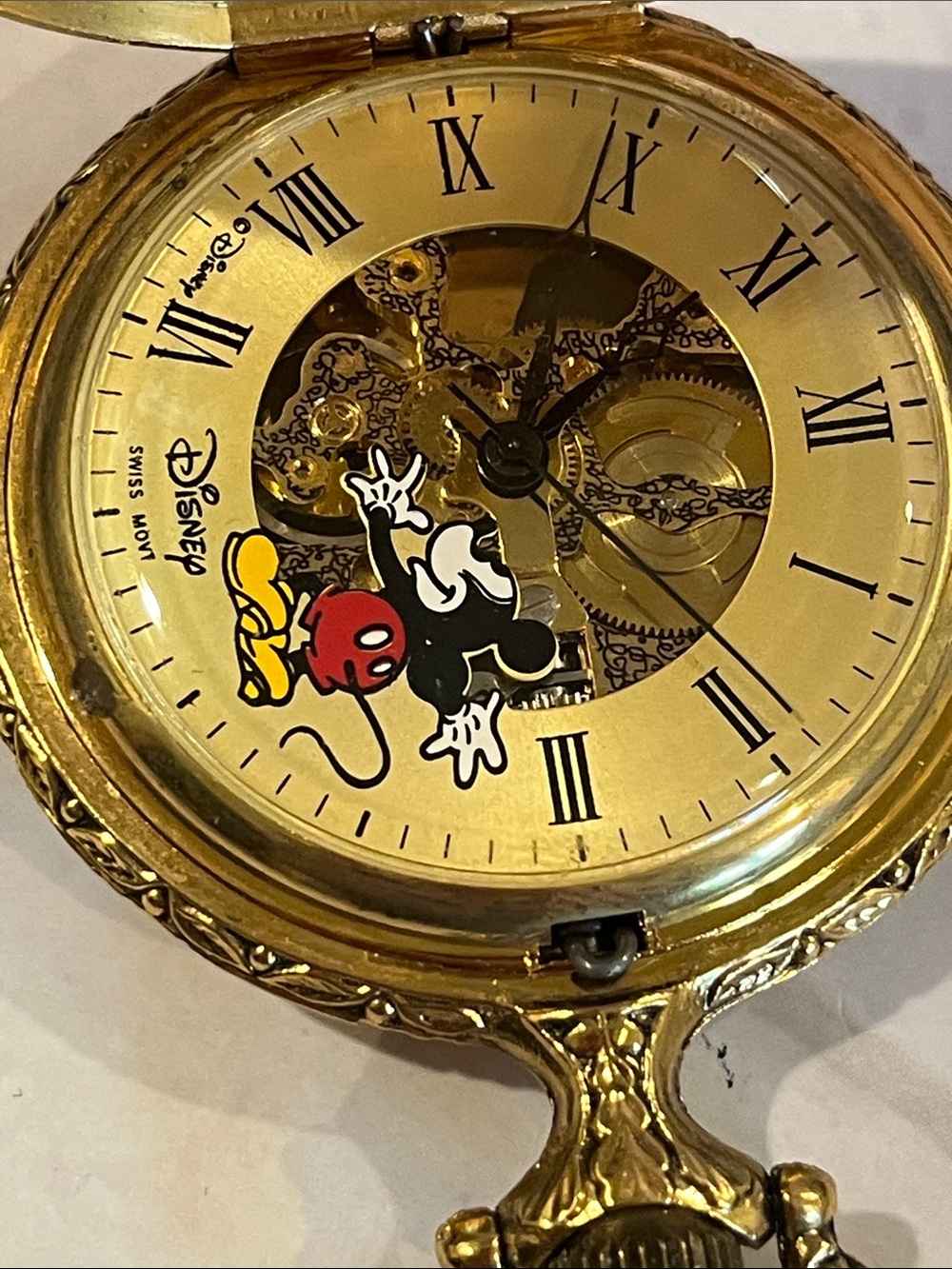MICKEY MOUSE POCKET WATCH DISNEY MAJESTI SWISS MOVEMENT SKELETON GOLD-TONE NIB - Picture 15 of 17